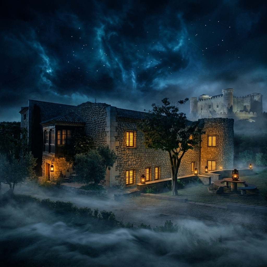 Palacete de piedra iluminado de noche en Belmonte bajo el castillo medieval